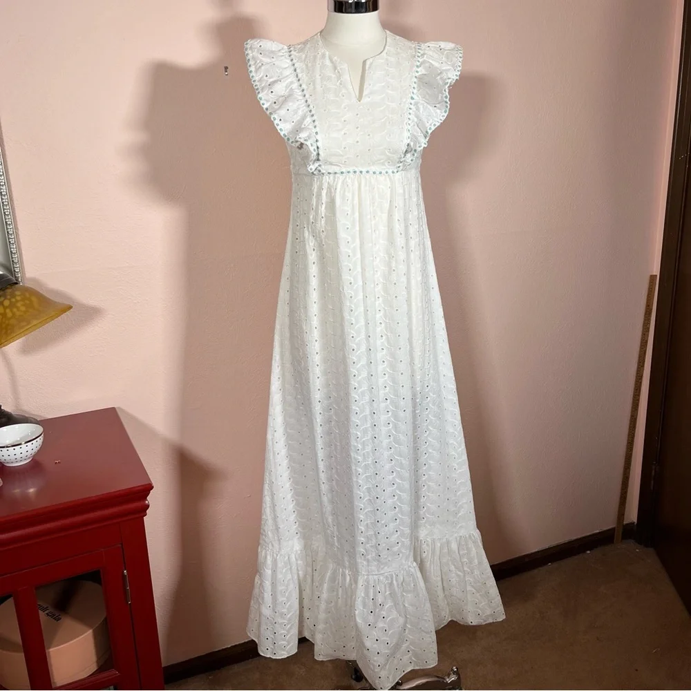 Vintage 60 70 Cottagecore White Eyelet Lace Ruffle Sleeve Praire Maxi Dress - Picture 3 of 17